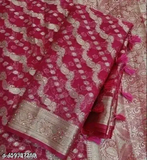 Abhisarika Fabulous Sarees” features beautifully woven Organza sarees with Zari work and Jacquard blouses, designed for festive and elegant wear.