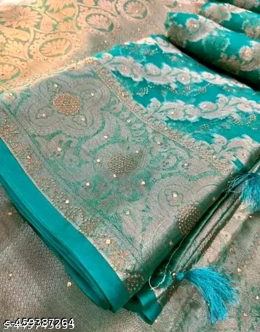 Abhisarika Fabulous Sarees” features beautifully woven Organza sarees with Zari work and Jacquard blouses, designed for festive and elegant wear.