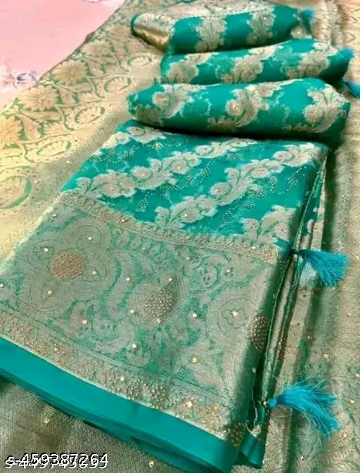 Abhisarika Fabulous Sarees” features beautifully woven Organza sarees with Zari work and Jacquard blouses, designed for festive and elegant wear.