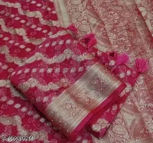 Abhisarika Fabulous Sarees” features beautifully woven Organza sarees with Zari work and Jacquard blouses, designed for festive and elegant wear.